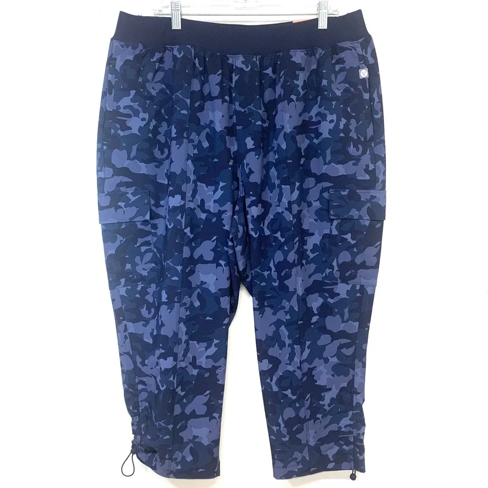 Livi Active Lane Bryant Blue Camo Cargo Capri Joggers  18/20 Stretch Bungee Hem